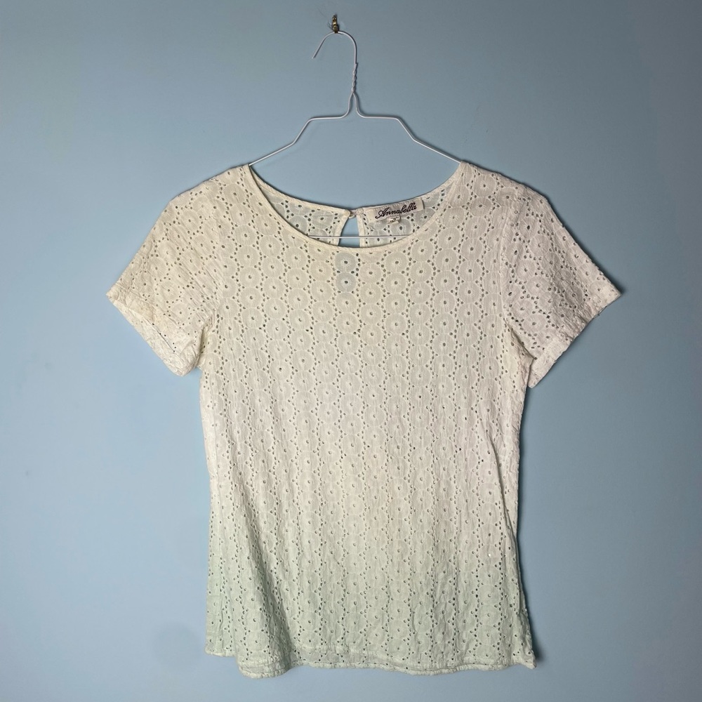 Annabella Ombré Turquoise Crochet Lace Short Sleeve Shirt